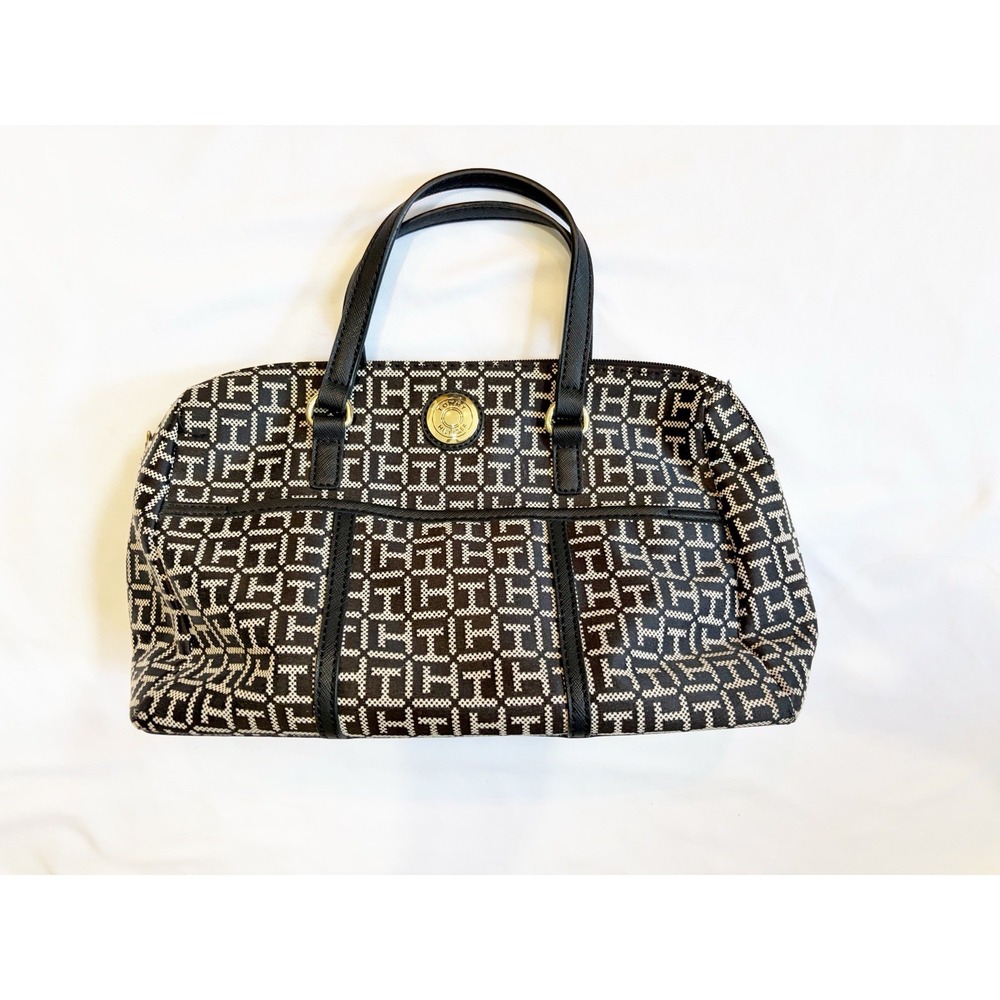 TOMMY HILFIGER Black and Gray LOGO Satchel Faux Leather Purse Handbag
